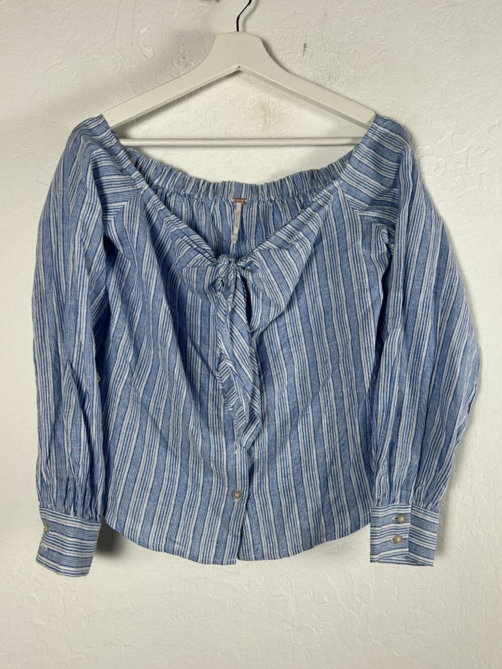 Free People Riviera Combo Blue White Striped Tie Front Blouse Top XS Long Sleeve